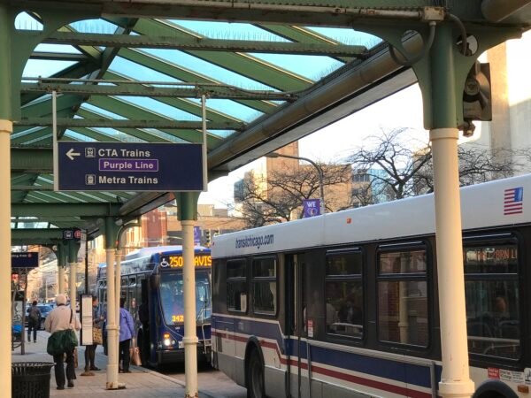 Busese at Davis Street Station, Evanston, Illinois