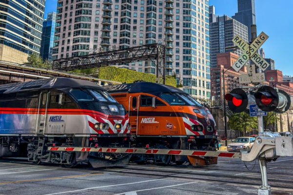 Two Metra trains running in tracks in downtown Chicago